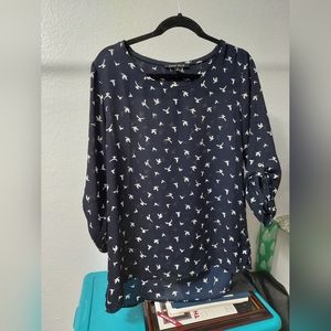 Sweet Rain Blue White Bird Design Business Casual Blouse XL